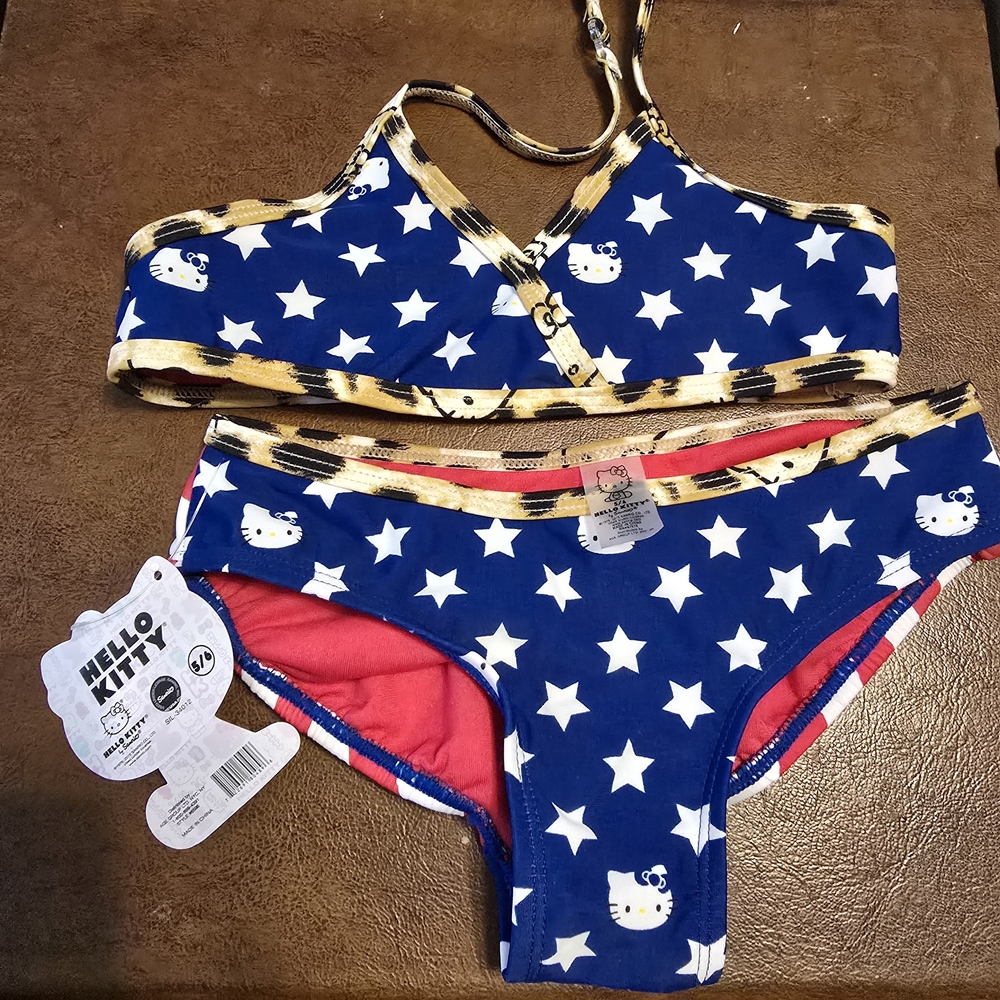 NWT Hello Kitty - Patriotic - Animal Print - Size 5/6 - Swimsuit 2 Piece Bikini
